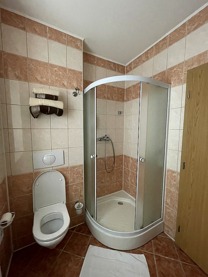 koupelna pokoje Twin se sprchovým koutem ubytování v Krušnohorském penzionu Javor se stravováním